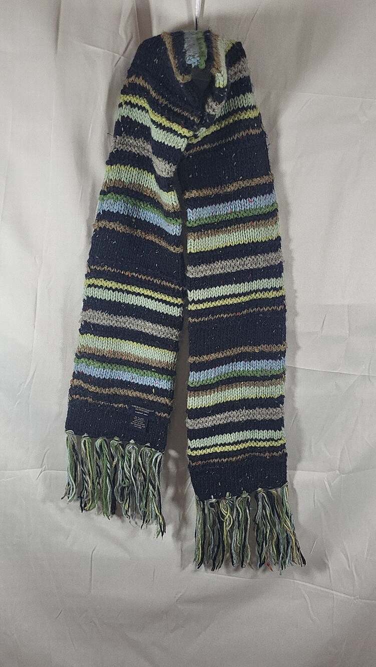American Eagle Navy Multi-Striped Knit Fringe Scarf
